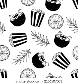 Seamless pattern of summer hand drawn elements with coconut drink, pop corn and lemon