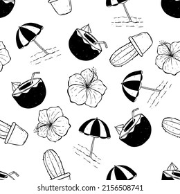 Seamless pattern of summer hand drawn elements with umbrella, coconut drink, hibiscus flower and cactus in pot