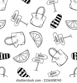 Seamless pattern of summer hand drawn elements with sign board, women bag, slipper and lemon