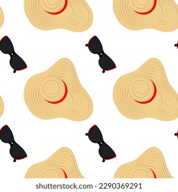 Seamless pattern of a summer hat with wide brim and stripes around and sunglasses with dark glasses.