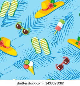 Seamless pattern with summer holidais icons and hand drawn palm leaves. Beach, recreation, heat concept for wallpaper, wrapping, background. Vector 10 EPS illustration.