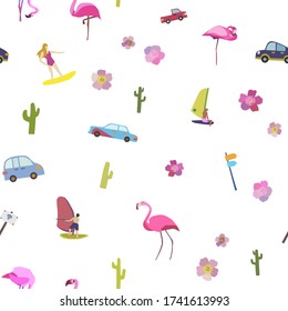 Seamless pattern. Summer holiday print with flamingo cactus flowers cars and surfers on transparent background. Vector illustration. 