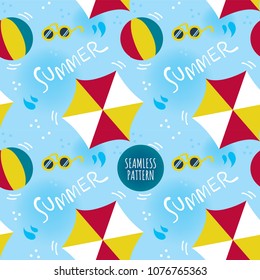 Seamless pattern of Summer holiday season. blue sky background with ball, parasol, sunglasses and hand written word "SUMMER"