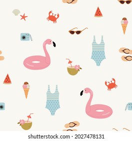 Seamless pattern of summer holidays set. Sandals, coconut, crab, seashells, sunglasses, film camera, towel, ice cream, inflatable swimming ring flamingo. Colored flat vector illustration.