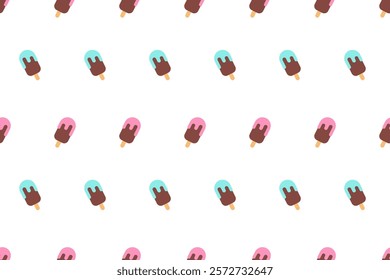 Seamless pattern of summer ice cream cartoon. Chocolate ice cream with icing on stick. Summertime. Pattern for fabric, wrapping, design wallpaper, prints, covers, phone cases, banners, backgrounds.