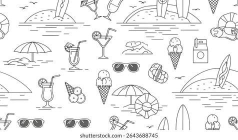 A seamless pattern with summer icons: cocktails, ice cream, sunglasses, surfboards, islands, and beach umbrellas in a line art style.