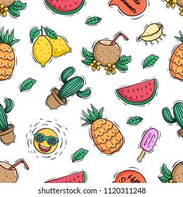 seamless pattern of summer icons with colored doodle style
