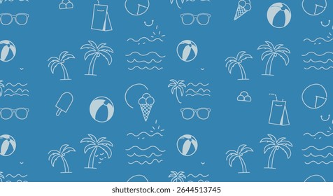 Seamless pattern with summer icons: palm trees, beach balls, ice cream cones, sunglasses, waves, juice box, popsicle, and sun rays.