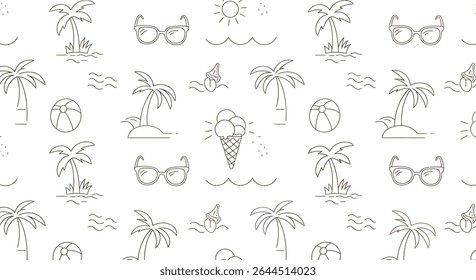 A seamless pattern of summer icons: palm trees, sunglasses, ice cream, beach ball, sun, waves, and seashell, all in a simple line art style.
