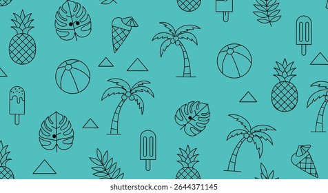 Padrão sem emenda com ícones de verão: abacaxis, palmeiras, cones de sorvete, picolés, bolas de praia, folhas de monstro e triângulos.