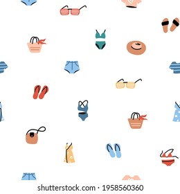 Seamless pattern with summer icons. Repeat design with summer clothes, footwear and accessories. Flat vector illustration