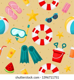 seamless pattern with summer icons. travel and tourism on sand background. vector Illustration.