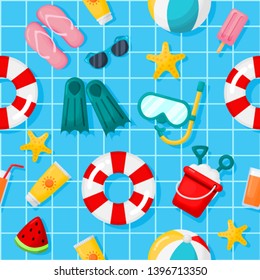 seamless pattern with summer icons. travel and tourism on blue background. vector Illustration.