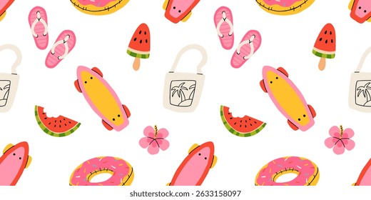 Seamless pattern with summer Icons for tropical vacation. Flat vector seasonal collection with ice cream, pineapple, tropic leaves, plumeria, watermelon, surfboard, beach accessories, swimsuit