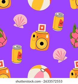 Seamless pattern with summer Icons for tropical vacation. Flat vector seasonal collection with ice cream, pineapple, tropic leaves, plumeria, watermelon, surfboard, beach accessories, swimsuit