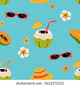 Seamless pattern with summer Icons for tropical vacation. Flat vector seasonal collection with ice cream, pineapple, tropic leaves, plumeria, watermelon, surfboard, beach accessories, swimsuit