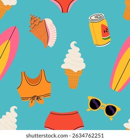 Seamless pattern with summer Icons for tropical vacation. Flat vector seasonal collection with ice cream, pineapple, tropic leaves, plumeria, watermelon, surfboard, beach accessories, swimsuit