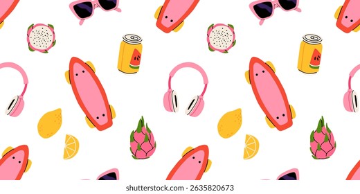 Padrão contínuo com ícones de verão para férias tropicais. Coleção sazonal vetor plana com sorvete, abacaxi, folhas trópicas, plumeria, melancia, prancha de surfe, acessórios de praia, maiô