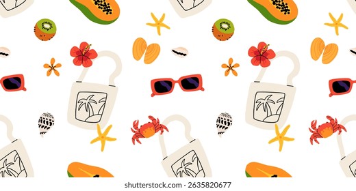 Seamless pattern with summer Icons for tropical vacation. Flat vector seasonal collection with ice cream, pineapple, tropic leaves, plumeria, watermelon, surfboard, beach accessories, swimsuit