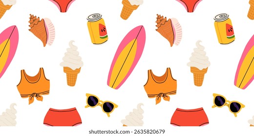 Seamless pattern with summer Icons for tropical vacation. Flat vector seasonal collection with ice cream, pineapple, tropic leaves, plumeria, watermelon, surfboard, beach accessories, swimsuit