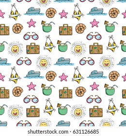 seamless pattern of summer icons using doodle art on white background