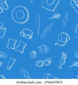 Seamless pattern of summer icons. White elements on a blue background. Line art. Stock Illustration. Design for fabric, textile, wallpaper, packaging.