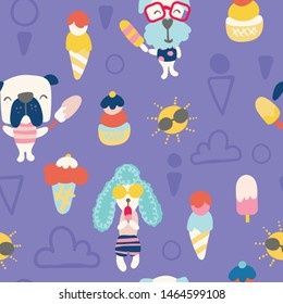 Seamless pattern for summer. Illustration of cute dogs and ice creams on sunny day. 