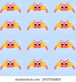 seamless pattern summer illustration of a cute pink cat swim with hand float suitable for Wallpaper, Fabric, Textile Design, Bed Sheet, Sofa Pillow Pattern, Stationery, Wrapping paper, bag, tote bag