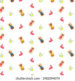 Seamless pattern with summer illustration for fabric and packaging in trendy vibrant colors. Inflatable flamingo, girls on the beach, swimsuit.