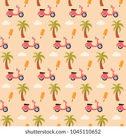 seamless pattern summer Italy scooter palm tree ice cream popsicle cloud vector on yellow background wallpaper textile giftwrap