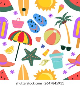 Seamless pattern of summer items like beach balls, hats, umbrellas, flip flops, surfboards, sunglasses, palm trees, ice cream, and starfish in pastel colors on transparent background.