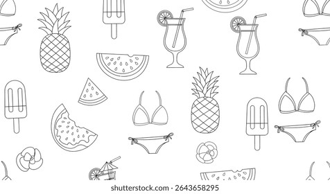 A seamless pattern of summer items: pineapple, cocktail, bikini, watermelon, flower, and popsicle, all in outline style.