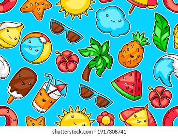 Seamless pattern with summer items. Vacation and beach funny character.