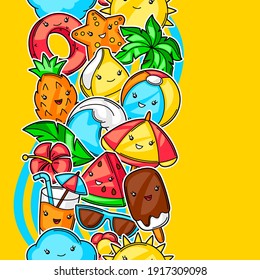 Seamless pattern with summer items. Vacation and beach funny character.