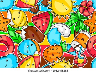 Seamless pattern with summer items. Vacation and beach funny character.