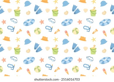 Seamless pattern with summer kids beach set. Diving mask, diving fins, snorkel and water goggles. Sun hat, swim ring, sand bucket, ice cream, shells. Vector pattern, flat style.