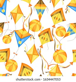 Seamless pattern with summer kites. Cartoon style. Vector illustration