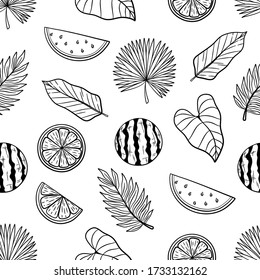 Seamless pattern of summer leaves or summer icons with hand draw or doodle style