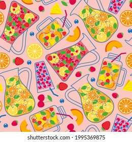 Seamless pattern with summer lemonades, garden fruits and citrus fruits. Refreshing drink, juice, dessert. Vector illustration, flat, background, texture, wallpaper, print for textiles, fabric