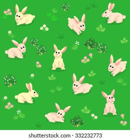 Seamless pattern of summer meadow with rabbits between flowers / Seamless pattern of summer meadow in flat and cartoon style
