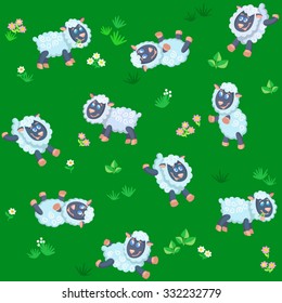 Seamless pattern of summer meadow with sheep between flowers / Seamless pattern of summer meadow in flat and cartoon style
