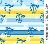 Seamless pattern in the summer mood with windsurf, plam trees, flowers vector in hand drawn style on stripe design for fashion,fabric,and all prints 