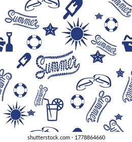 Patrón inmaculado de motivos de verano, azul sobre fondo blanco. Adecuado para el papel decorativo, textiles ...