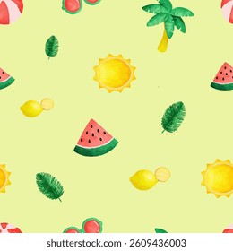 seamless pattern summer motifs, sun, watermelons and palm trees on a light background