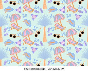 Seamless pattern of summer on the beach, which includes elements palm trees, beach umbrellas and lounge chairs, hats, sunglasses, flip flops and water splashes with green background. Holiday on summer