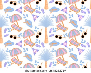Seamless pattern of summer on the beach, which includes elements palm trees, beach umbrellas and lounge chairs, hats, sunglasses, flip flops and water splashes with white background. Holiday on summer