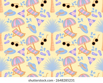 Seamless pattern of summer on the beach, which includes elements palm trees, beach umbrellas and lounge chairs, hats, sunglasses, flip flops and water splashes with yellow background. Holiday on summe