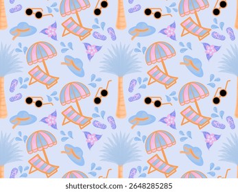 Seamless pattern of summer on the beach, which includes elements palm trees, beach umbrellas and lounge chairs, hats, sunglasses, flip flops and water splashes with blue background. Holiday on summer