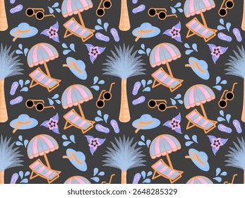 Seamless pattern of summer on the beach, which includes elements palm trees, beach umbrellas and lounge chairs, hats, sunglasses, flip flops and water splashes with black background. Holiday on summer