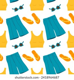 Seamless pattern with Summer outfit, shorts, top, Flip Flops sandals, sunglasses. Clothing for walking in hot weather. Casual fashionable clothes. Repeated vector background for wallpaper, textile